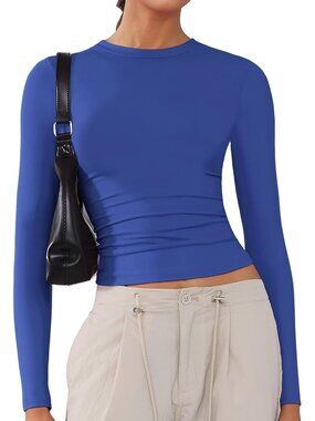 Women's Blue Polyester Blend Soft Long Sleeve Crew Neck Stretchy Tees Tops